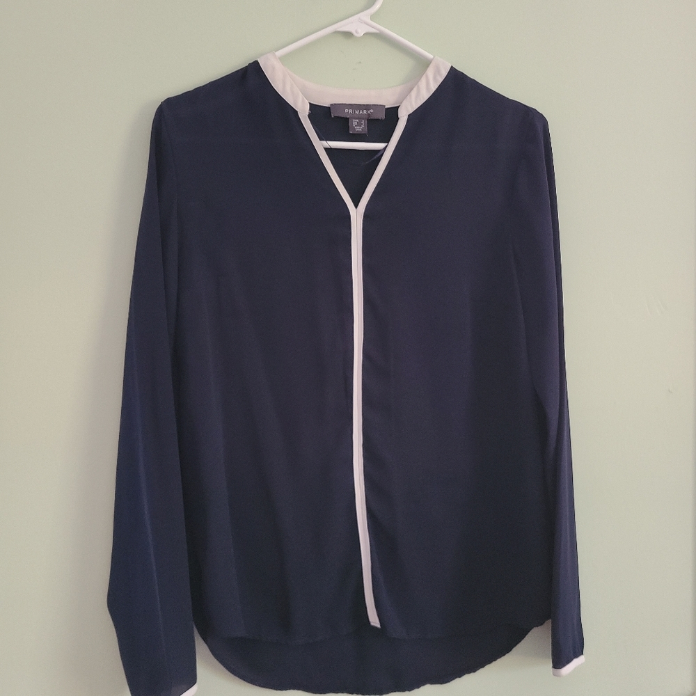 Blue and white long sleeve blouse